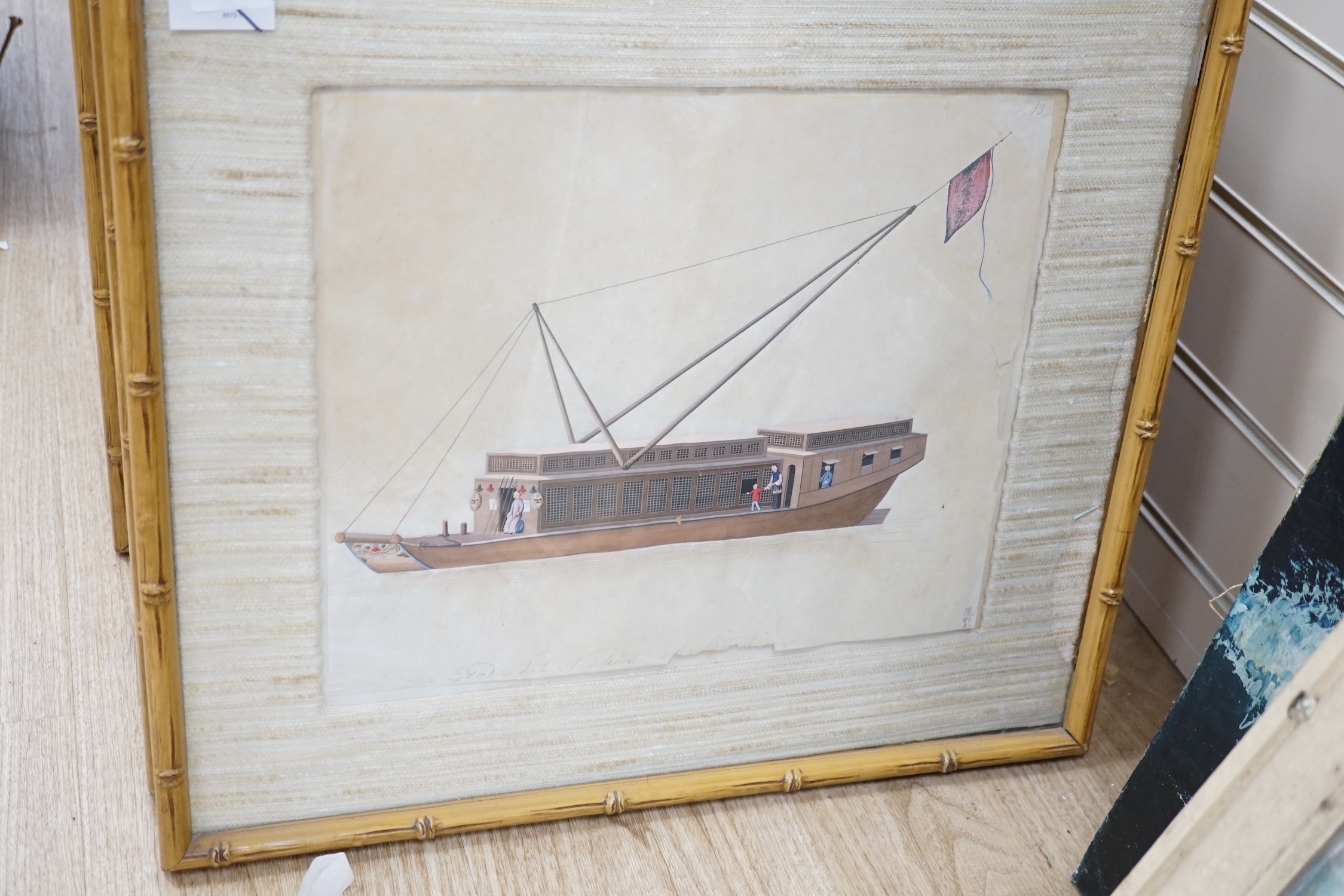 19th century Chinese School, nine gouaches on pith paper, Studies of water-going vessels, inscribed in Chinese and titled in English, giving the names and uses of the various vessels, 29 x 34cm